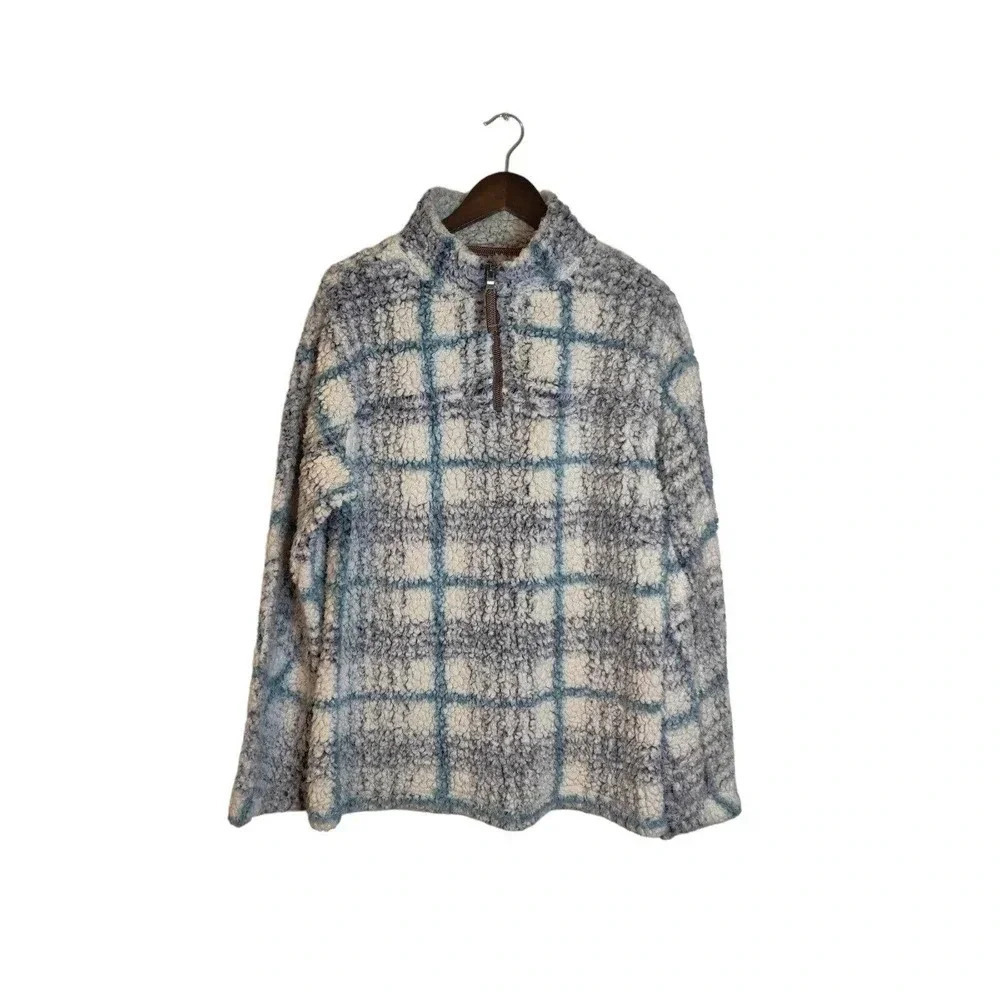 True Grit Sherpa Frosty‎ Plaid Pullover Blue White Sweatshirt Size M